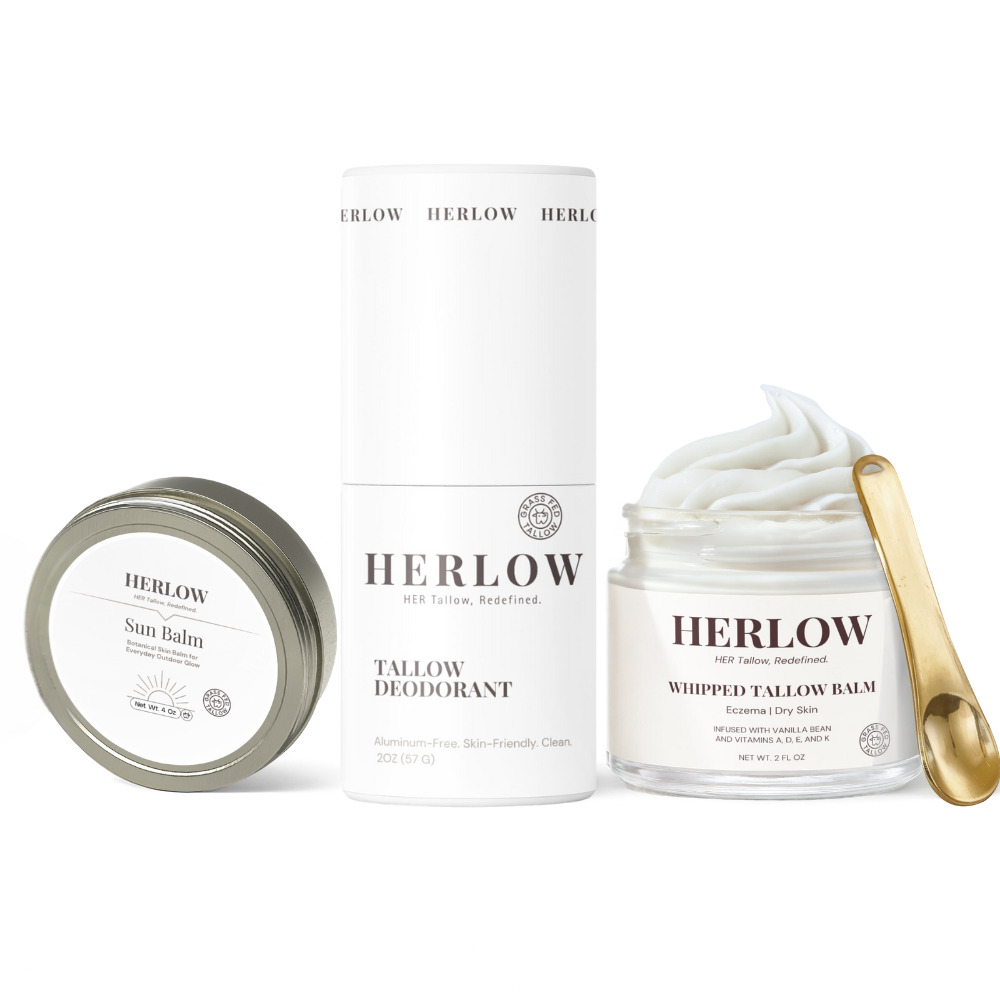 HERLOW skincare set featuring 100 percent grass-fed beef tallow skincare sun balm deodorant and whipped balm